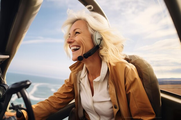 Image générée par l'IA d'une femme mature en tant que pilote d'avion Photo de haute qualité