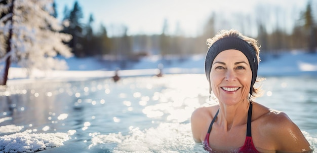 Image générée par IA d'une femme mûre nageant sur un lac glacé Photo de haute qualité