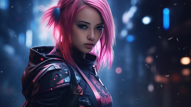 Image générée par l'IA d'une femme ninja cyberpunk futuriste aux cheveux roses