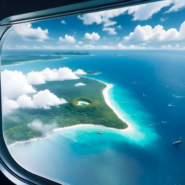 Image générée par l'IA de la fenêtre de l'avion observant le magnifique paysage aérien extérieur