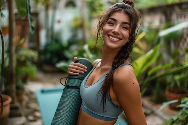 Image générée par l'IA d'une fille tenant un tapis de yoga dans le jardin de la maison tout en souriant