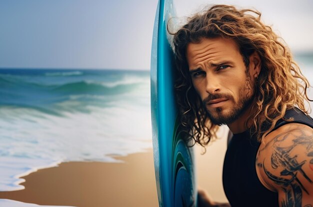 Image générée par l'IA d'un homme séduisant avec une planche de surf Photo de haute qualité