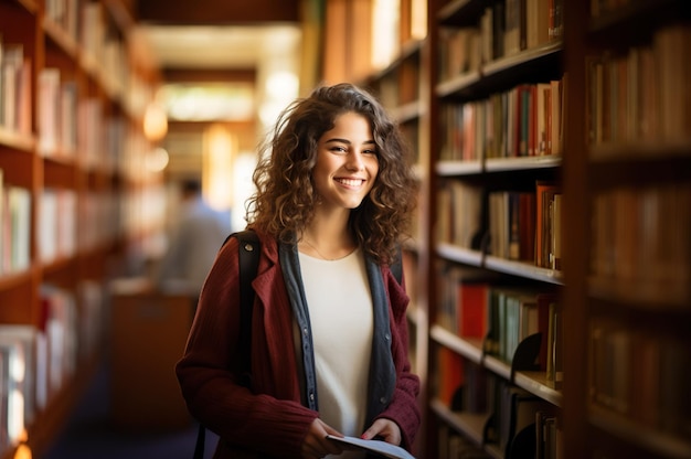 Image générée par l'IA d'une jeune femme debout dans une bibliothèque Photo de haute qualité