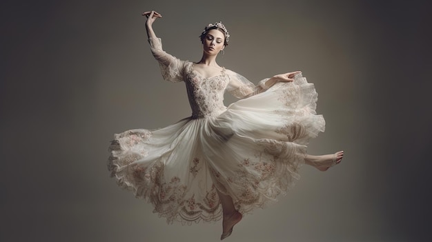 Image générée par IA Jolie danseuse classique inconnue en robe blanche et fond sombre