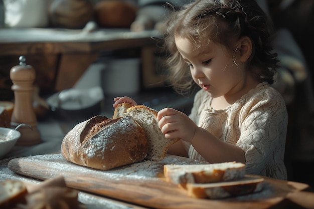Image générée par l'IA d'une mignonne petite fille faisant un pain de blé dans la cuisine