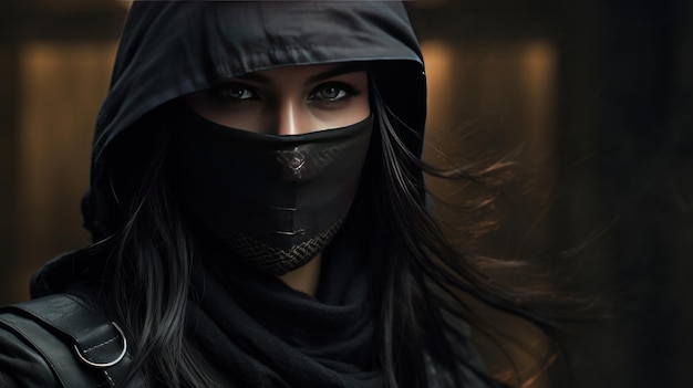 Photo une image générée par l'ia d'une ninja féminine futuriste à capuche noire mystérieuse