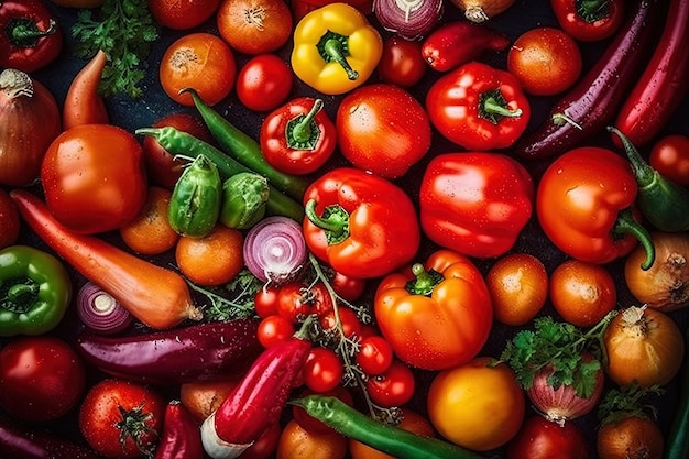 Image générée par IA De nombreux légumes colorés et humides différents sur une table