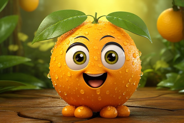 Photo image générée par l'ia d'un personnage de dessin animé de fruits d'orange frais avec un mignon sourire sur un fond naturel