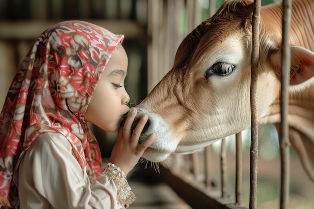 Photo image générée par l'ia d'une petite fille embrassant la tête de la vache dans le corral pour la célébration de l'eid al adha