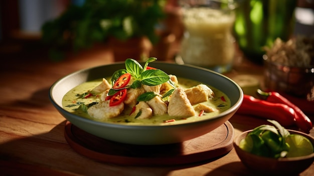 Image générée par l'IA de poulet au curry vert de cuisine thaïlandaise