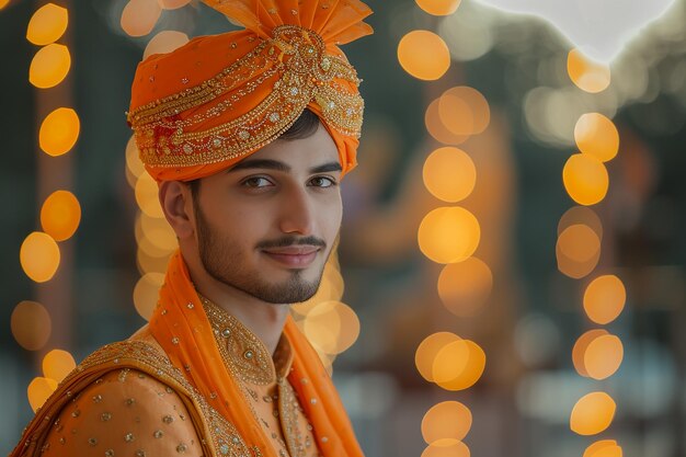 Image générée par l'IA d'un prince indien portant des vêtements traditionnels orange