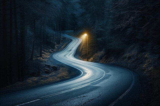 Image générée par l'IA d'une route sinueuse dans la forêt entourée de pins la nuit