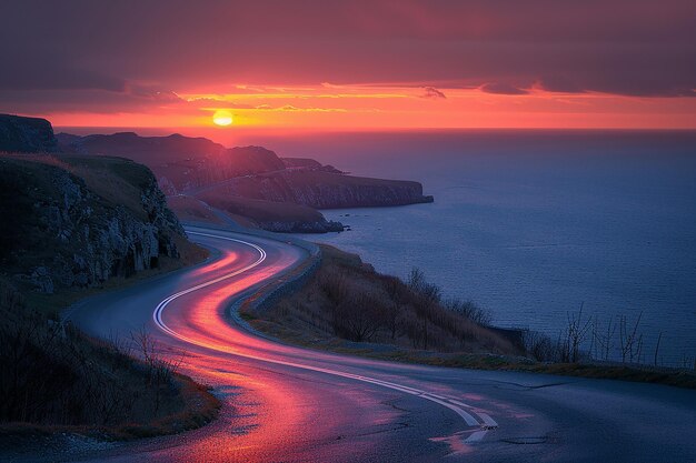 Image générée par l'IA d'une route sinueuse sur une falaise près de la mer au coucher du soleil