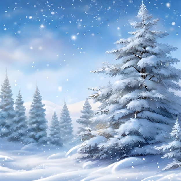 Image générée par l'IA d'une scène hivernale avec une forêt couverte de flocons de neige et un épicéa