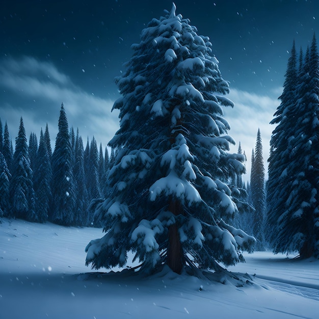 Image générée par l'IA d'une scène hivernale avec une forêt couverte de flocons de neige et un épicéa