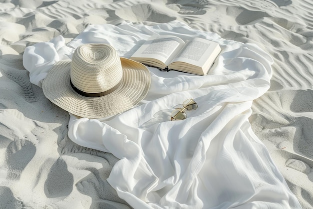 Image générée par l'IA de vacances sur la plage avec un chapeau de tissu blanc sur le sable en été