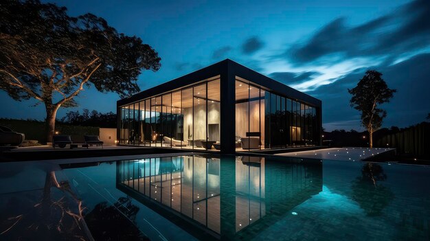 Image générée par IA d'une villa de luxe avec piscine pendant l'heure bleue