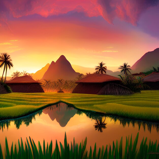 Photo une image générée par l'intelligence artificielle du paysage coloré et pittoresque des rizières