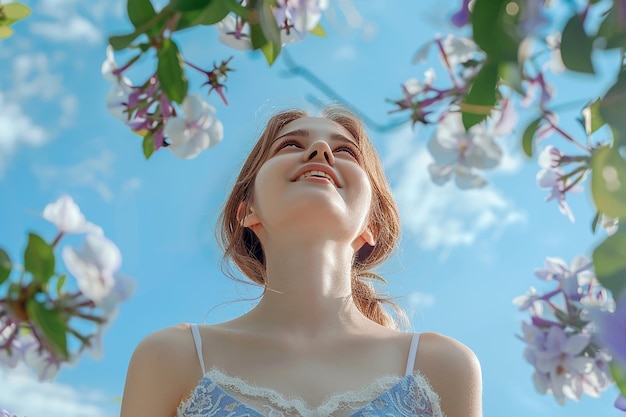 Image générée par l'intelligence artificielle d'une photo en bas angle d'une belle fille russe dans un parc de fleurs tout en souriant