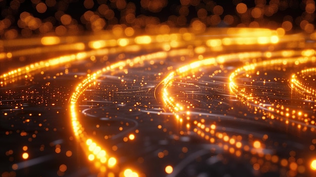 Une image générée par ordinateur d'un cercle lumineux sur une route d'asphalte de la ville
