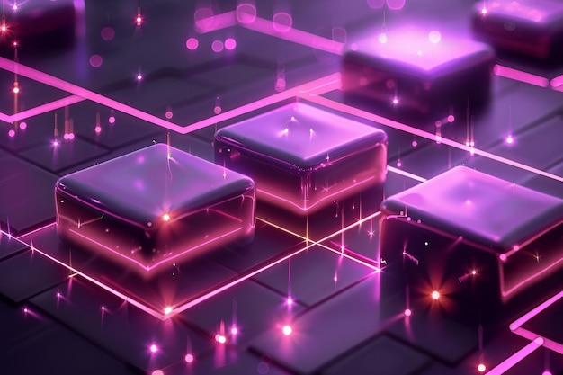 Photo une image générée par ordinateur de cubes violets avec un effet lumineux sur un fond de technologie futuriste