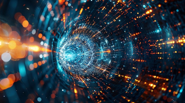 une image générée par ordinateur d'une galaxie bleue et orange avec un fond bleu