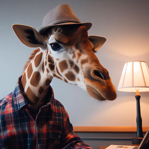 Photo image d'une girafe portant une chemise à carreaux créée par l'ia