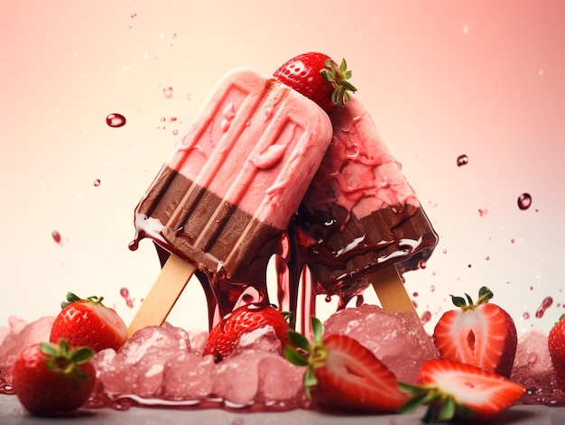 image de glace aux fraises et au chocolat avec de belles fraises autour