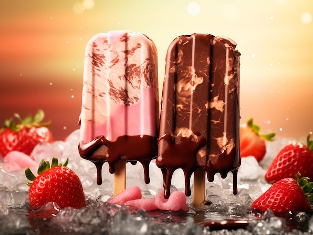 image de glace aux fraises et au chocolat avec de belles fraises autour