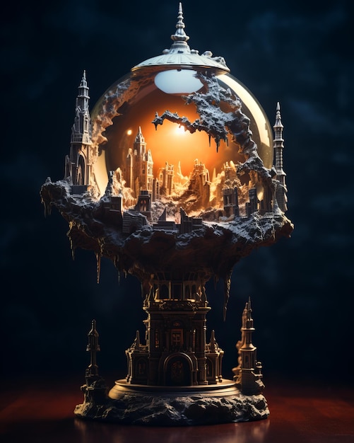 une image d'un globe de verre avec un château sur le dessus