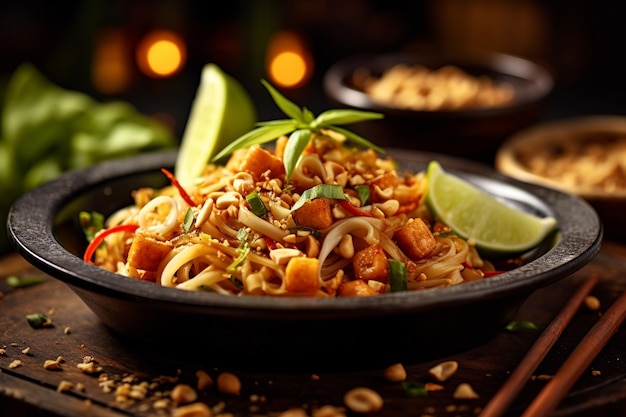 Image gourmande de Pad Thai frais sur une assiette rustique sous un éclairage chaud dans une cuisine thaïlandaise traditionnelle