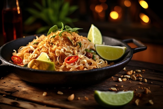 Image gourmande de Pad Thai frais sur une assiette rustique sous un éclairage chaud dans une cuisine thaïlandaise traditionnelle