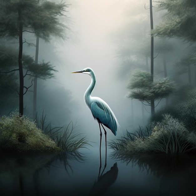 Image d'un grand aigre debout dans le marais au milieu de la forêt Oiseaux Illustration d'animaux IA générative