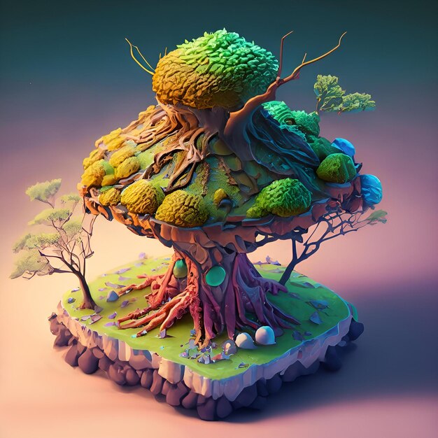 Image d'un grand arbre miniature avec de l'herbe au sol isolé