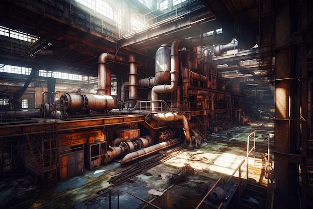 Image d'un grand bâtiment industriel avec des tuyaux et des tuyaux au sol Generative AI