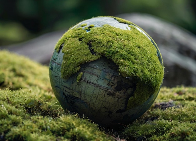 Une image d'un grand globe reposant sur un rocher couvert de mousse verte