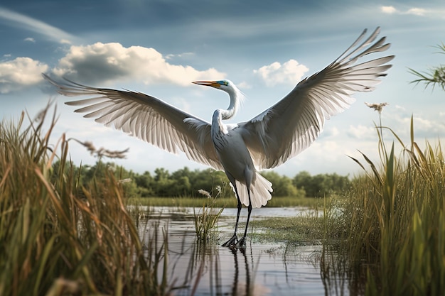 Image d'une grande aigre étendant ses ailes dans la forêt de zones humides Oiseaux Animaux sauvages Illustration générative AI