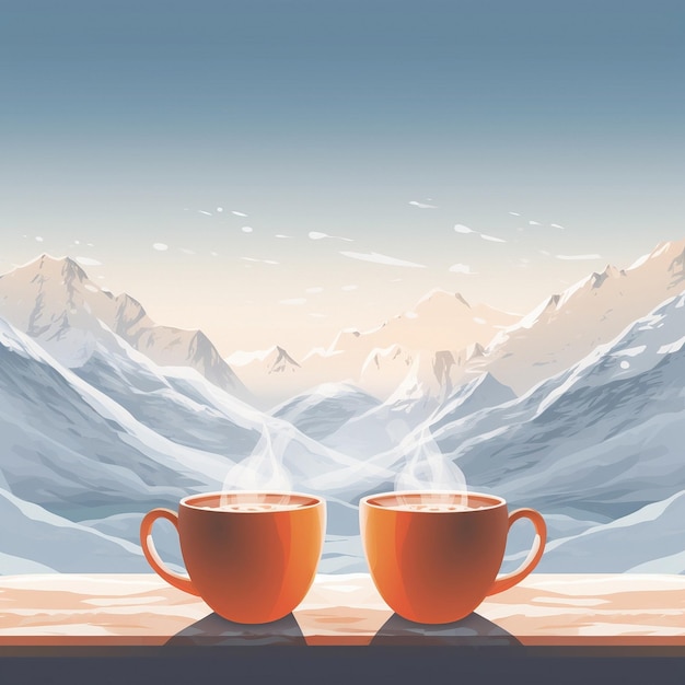 Image graphique de deux tasses de thé sur fond de montagnes