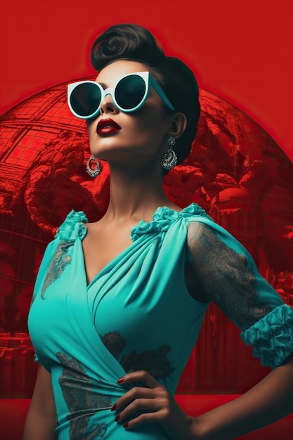Une image graphique d'une femme dans une robe bleue avec des lunettes de soleil contre une terre rouge