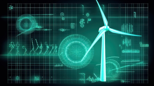 Image graphique d'un générateur éolien et diagramme de la production et de l'utilisation de l'énergie sur fond vert Processus d'énergie éolienne durable Technologie de données virtuelles Illustration de production d'énergie verte