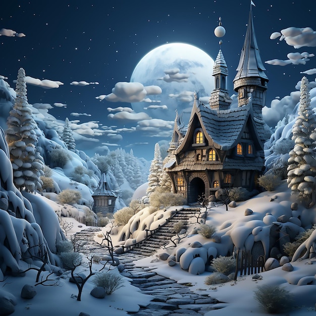 Image gratuite Maison de neige 3D Rendering sur fond noir Pays des merveilles d'hiver Concept pour projet créatif
