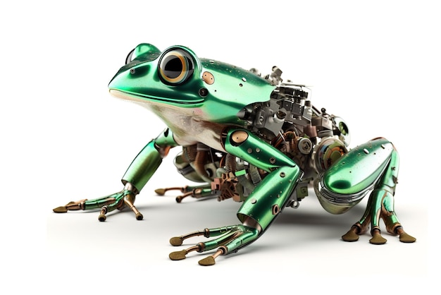 Image d'une grenouille verte modifiée en robot sur fond blanc Illustration d'animaux sauvages IA générative