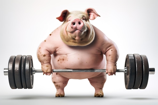 Image d'un gros cochon faisant de l'exercice avec une barre Animaux de la ferme Exercice d'haltérophilie Illustration IA générative