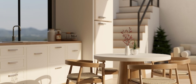 Image en gros plan d'une belle table à manger minimale dans un design de cuisine scandinave blanc minimal