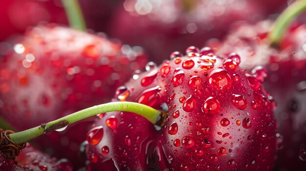 Photo une image en gros plan d'un bouquet de cerises rouges avec des gouttes d'eau sur leur surface