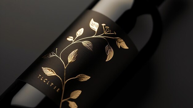 Photo une image en gros plan d'une bouteille de vin rouge avec une étiquette noire avec un motif floral doré