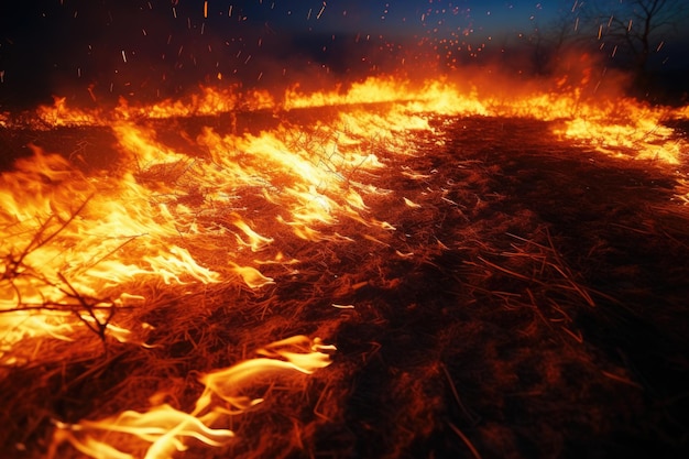 Une image en gros plan capture l'intensité vibrante d'un champ de feu révélant la danse complexe des flammes et la chaleur qu'elles apportent à l'environnement