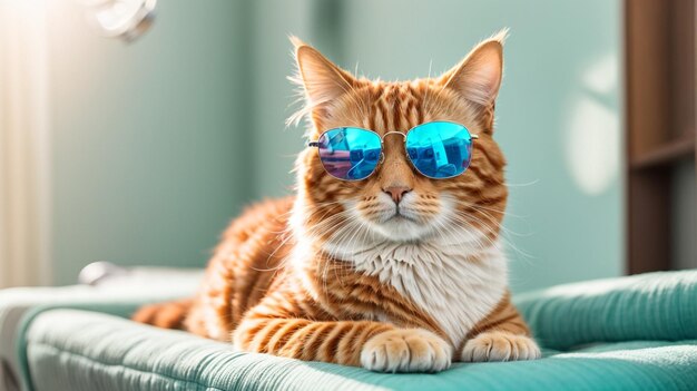 Une image en gros plan d'un chat roux portant des lunettes de soleil isolée sur un fond cyan clair