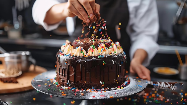 Une image en gros plan d'un chef décorant un gâteau au chocolat avec des éclaboussures colorées