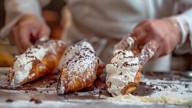 Une image en gros plan d'un chef préparant un dessert italien traditionnel